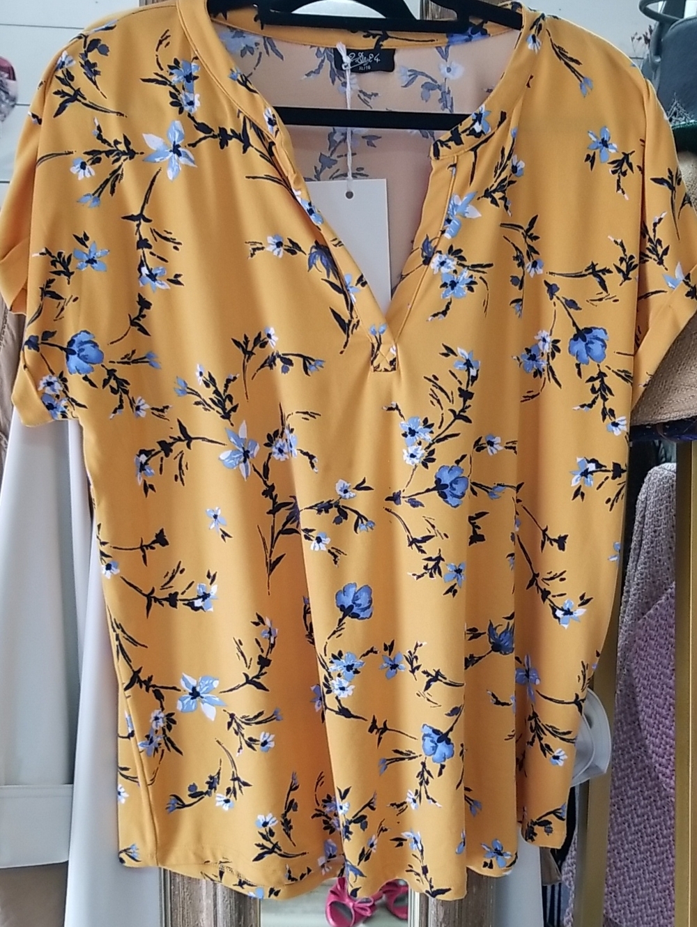 Floral V-Neck Short Sleeve Top - Mustard with Blue Floral